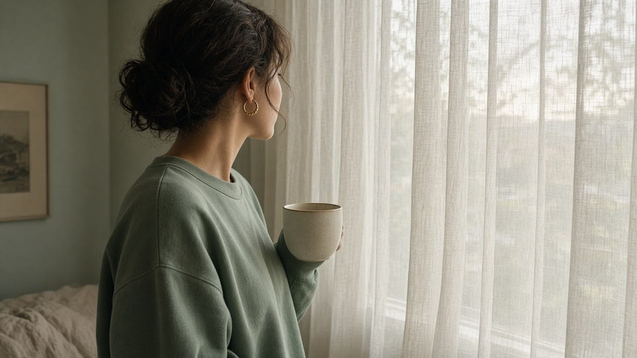 Person in a sage crewneck standing by a window at dawn
