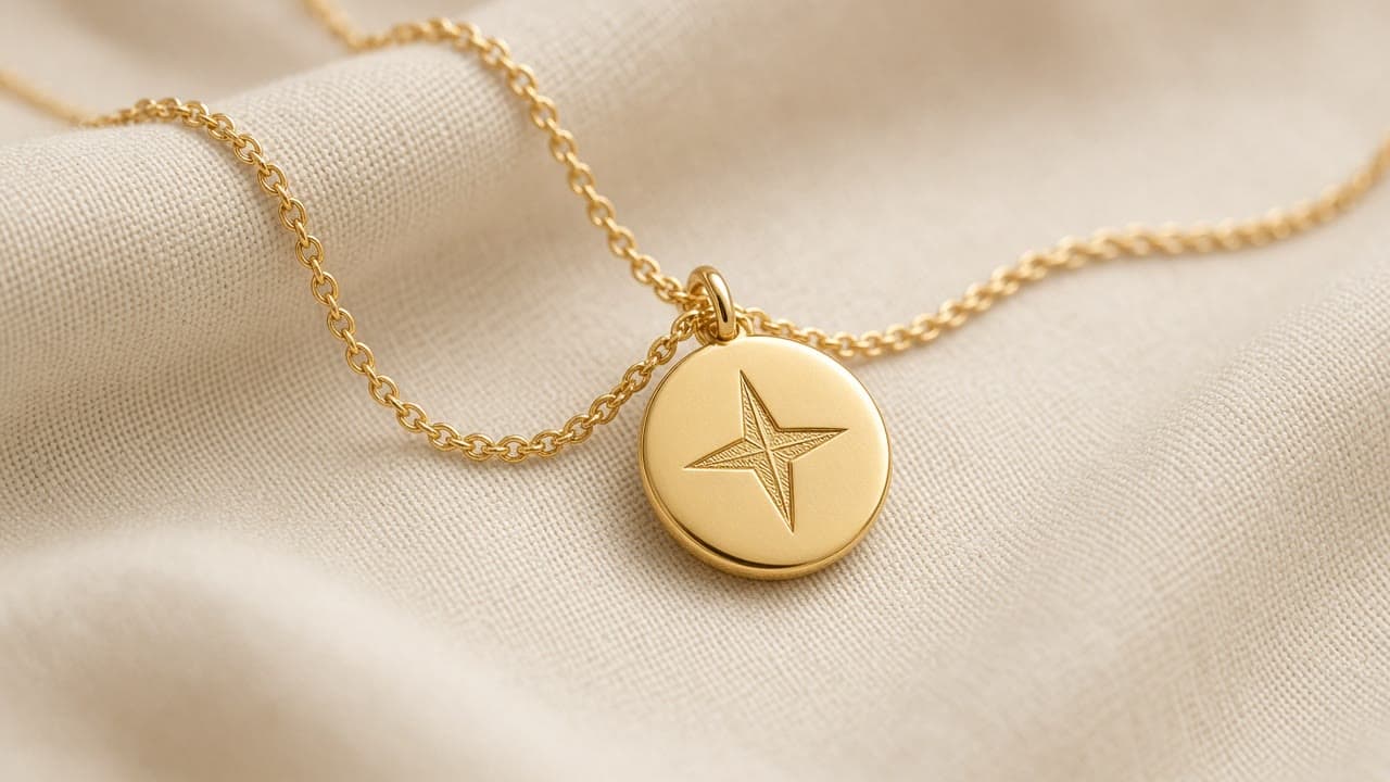 Compass Pendant Necklace in gold vermeil, on a bone studio backdrop