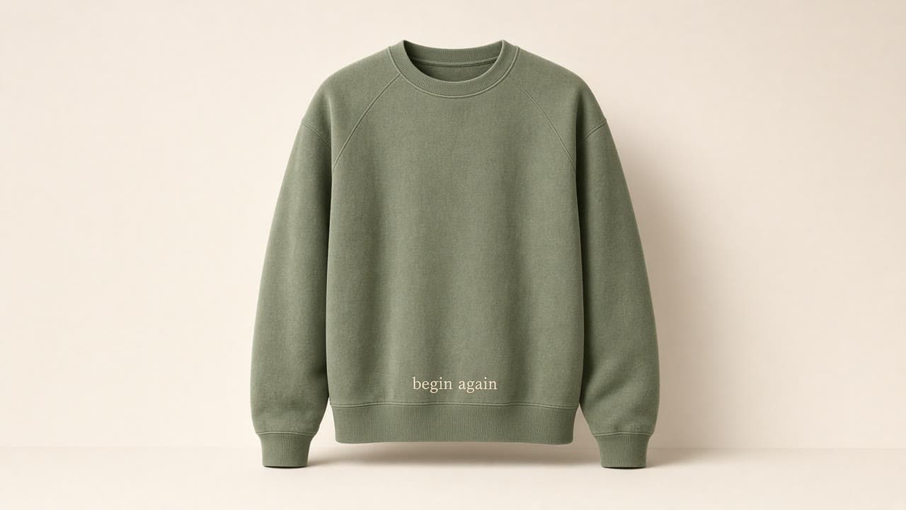 First Light Crewneck in quiet sage, on a bone studio backdrop