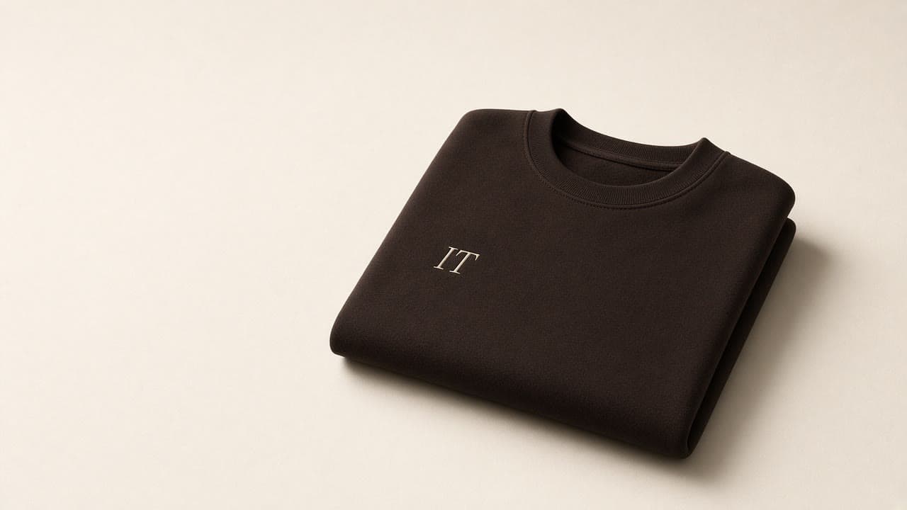 IT Monogram Crewneck in espresso, on a bone studio backdrop