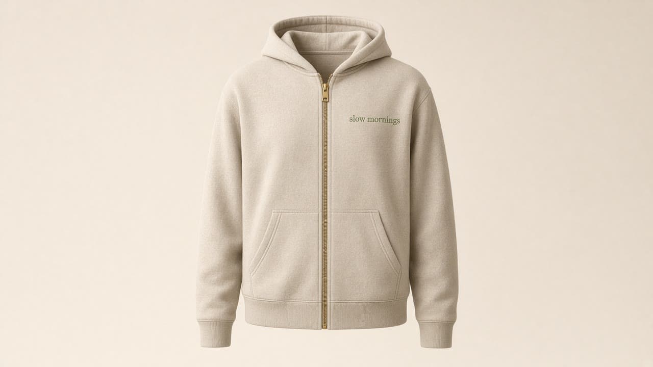 Slow Morning Zip Hoodie in oat, on a bone studio backdrop