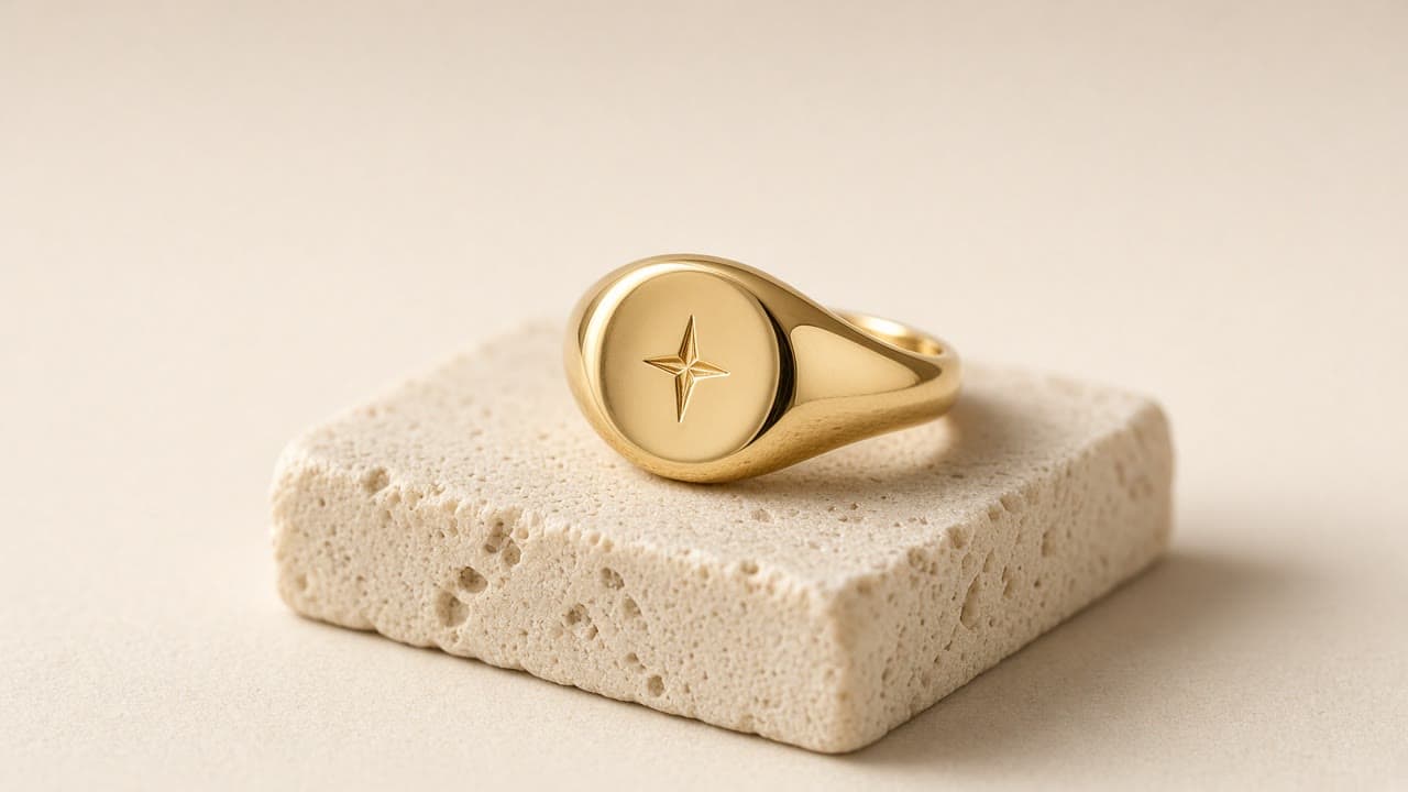 North Star Signet Ring in gold vermeil, on a bone studio backdrop
