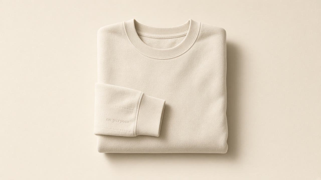 On Purpose Crewneck in bone, on a bone studio backdrop