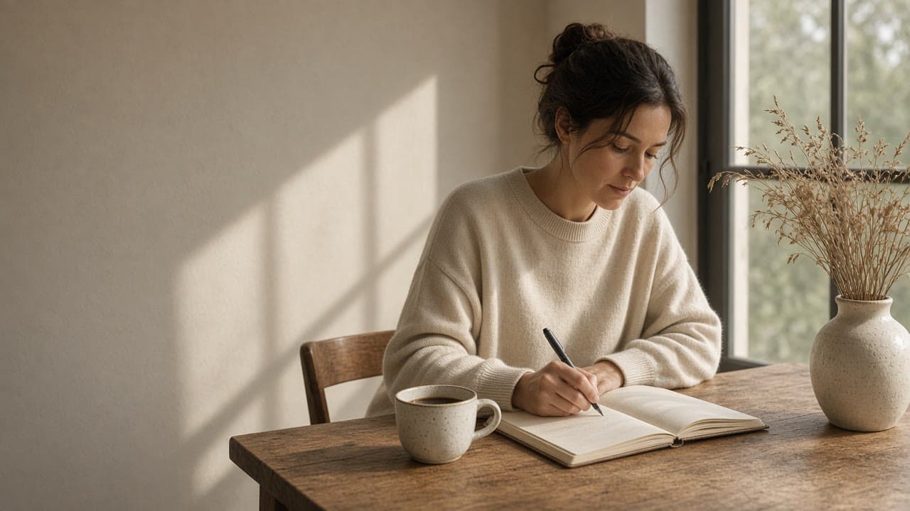 Person in an oat sweatshirt writing in a notebook at a wooden table, with coffee and morning light